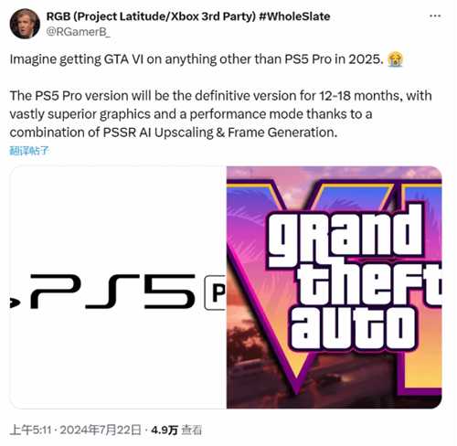 性能超强！粉丝认为PS5 Pro为体验GTA6最佳平台